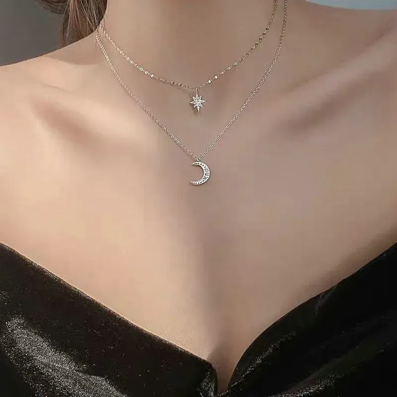 Ready Stock Sier pro ženy Dvojitá vrstva Zirkon Hvězda Měsíc Přívěsek Náhrdelník Jemný řetízek Elegantní módní šperky Dárky_voghion.com