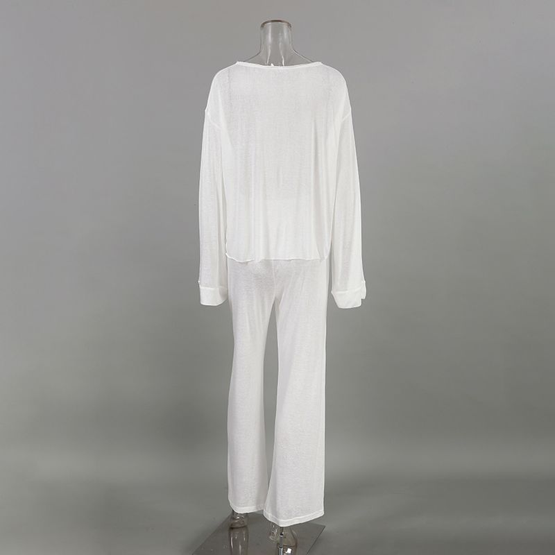 Women's sexy fashion knitted white round neck long sleeved pajamas trousers suit foreign trade soft skin friendly home clothes for women_voghion.com