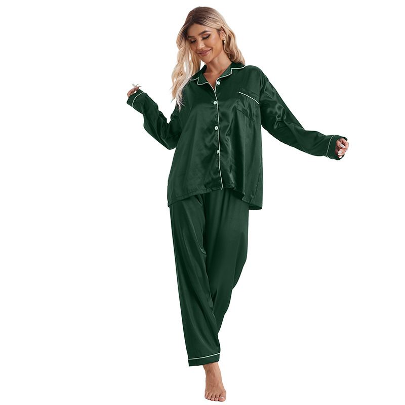 Homewear Turn-down Collar Ice Silk Pajamas Women's Sleeve Long Pants Two-piece Set Plus Size Satin_voghion.com