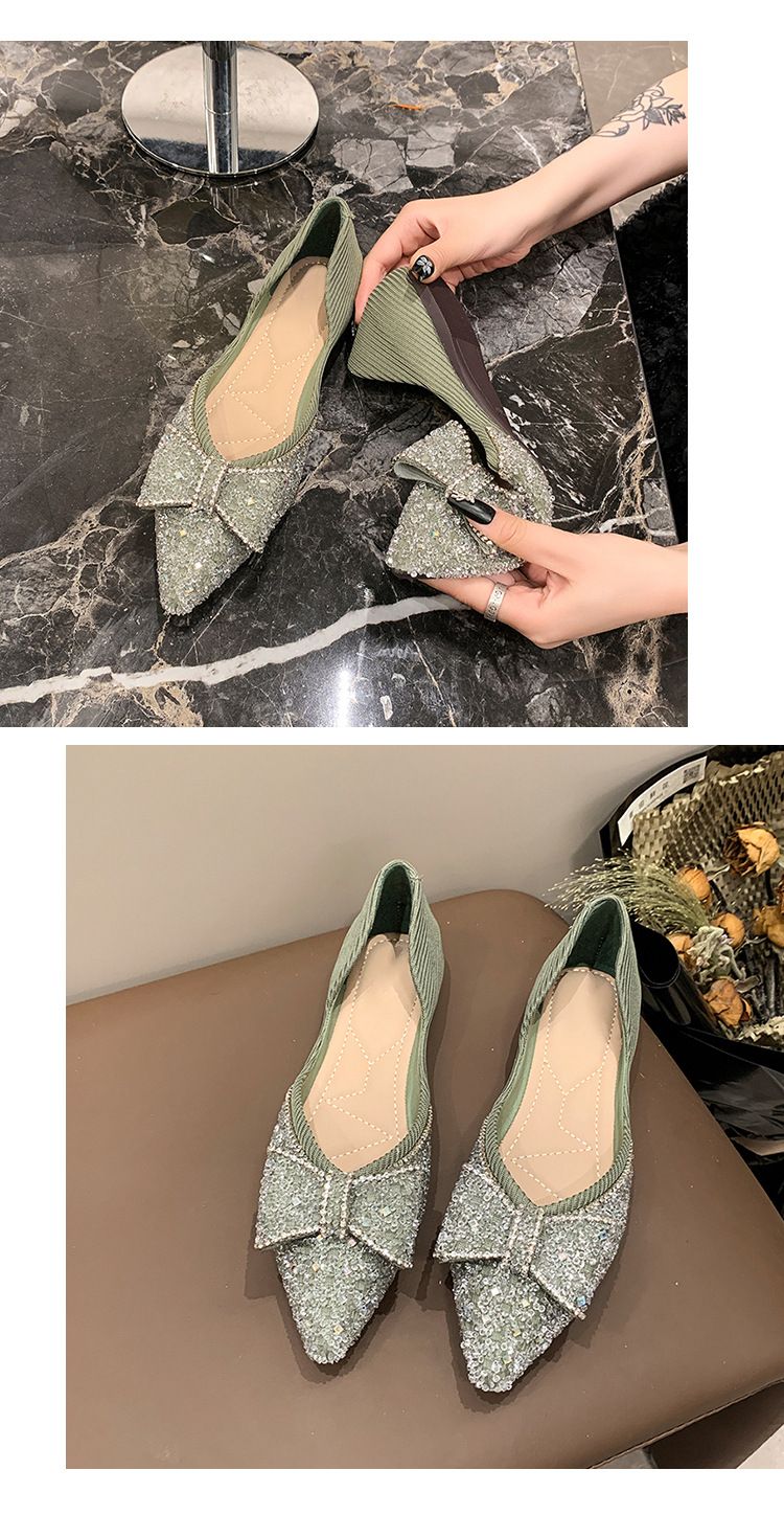 Elegante Ballerinas mit Schleife und spitzer Spitze für Damen – Glitzernde Strass-Ballerinas, Prinzessinnen-Pumps mit niedrigem Absatz, bequeme Slip-On-Abendschuhe_voghion.com
