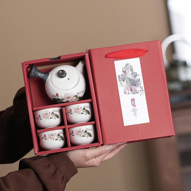 Kung-Fu-Set, Box mit einer und vier Tassen, kleines Set, Teekanne aus Keramik, Geschenk für Geschäftsveranstaltungen, Hochzeitsbegleitergeschenk_voghion.com
