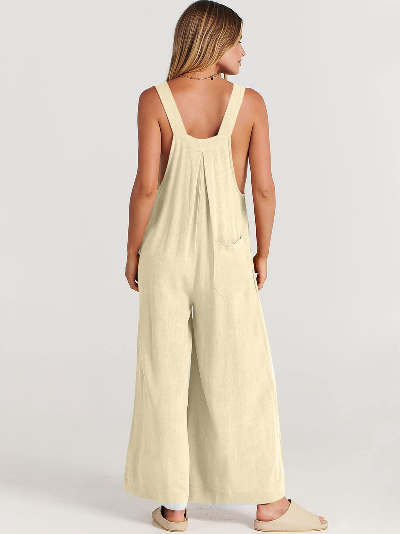 Women's clothing solid color loose casual cotton and linen overalls jumpsuit_voghion.com