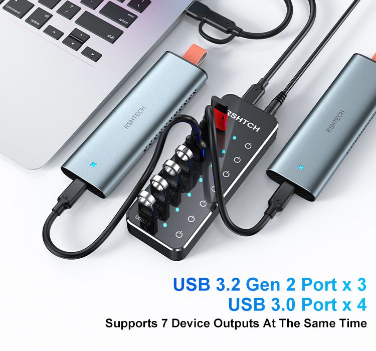 RSHTECH 7-Port Powered C Hub With 10Gbps USB-C 3.2 Ports Individual Touch Switches 5V/3A Pow Adapt Laptop USB_voghion.com