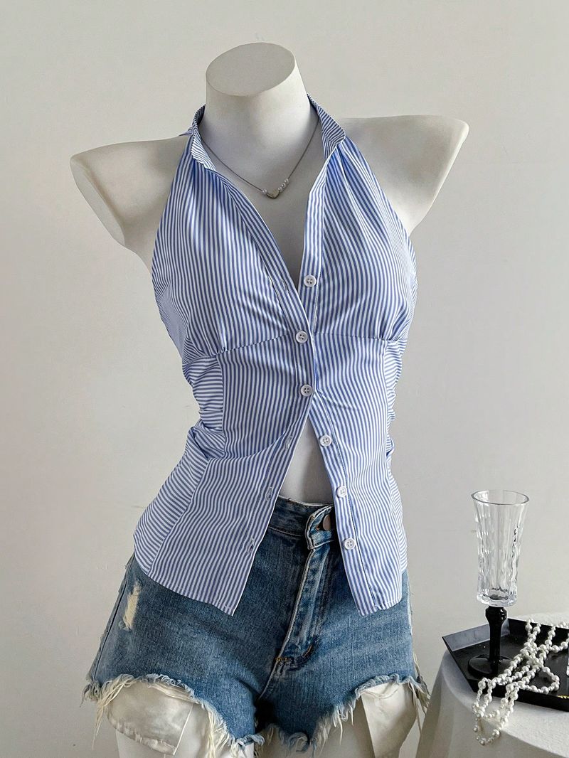 Camicia senza maniche a righe con spalle scoperte, per donna, estiva, dal design aderente, con scollo all'americana e corto in chiffon_voghion.com