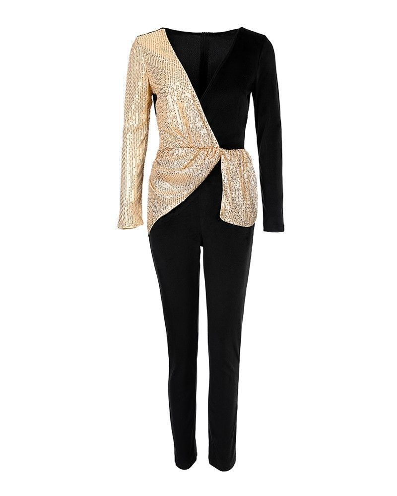 Svart og gullfarget todelt pendlingsjumpsuit med høy midje og paljetter for dame_voghion.com