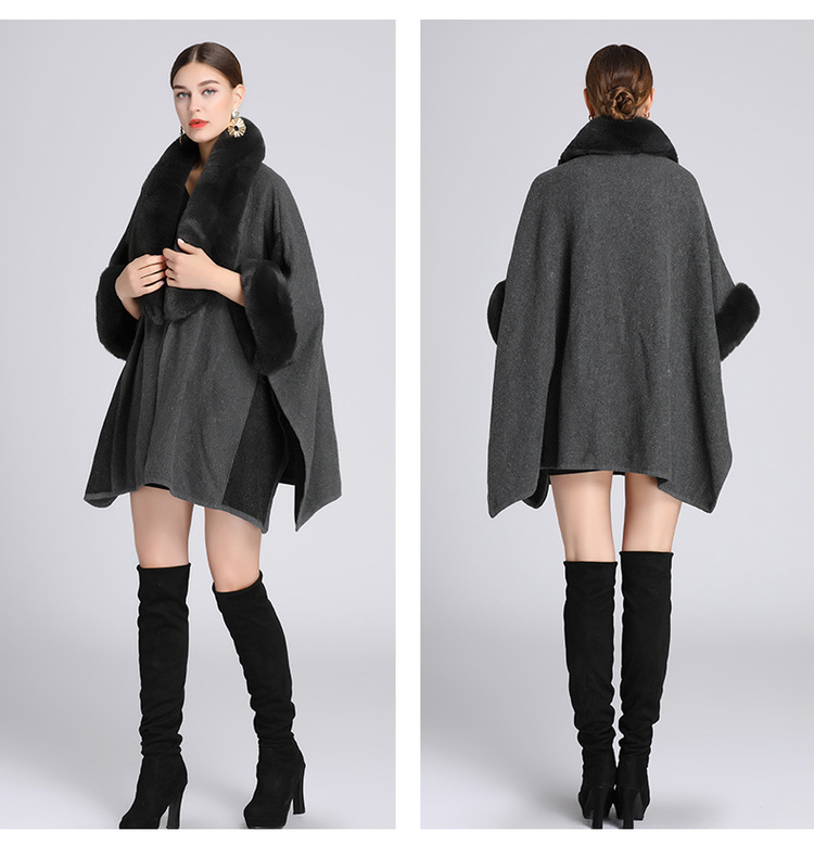 Women's imitation Rex rabbit fur collar cape cape large size woolen coat knitted cardigan_voghion.com