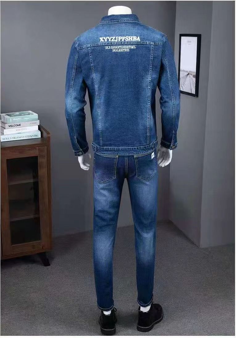 Ensemble deux pièces tendance pour homme, veste en jean et jean, tissu tricoté décontracté_voghion.com