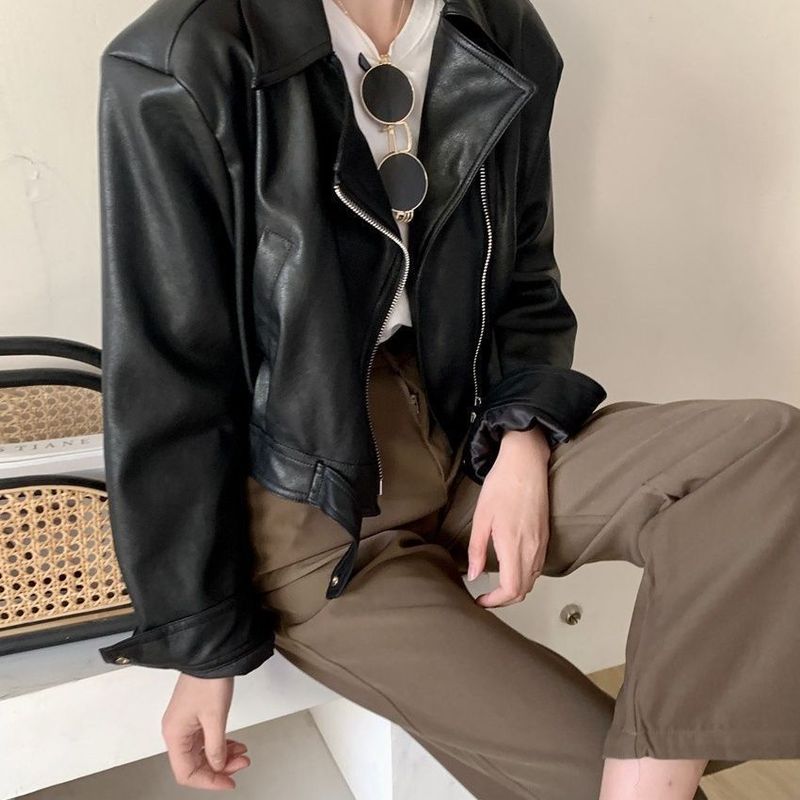 European Style For Women, Fleece-Lined, Autumn New Style, Elegant Turn-Down Collar, Petite Short PU Leather Slimming_voghion.com