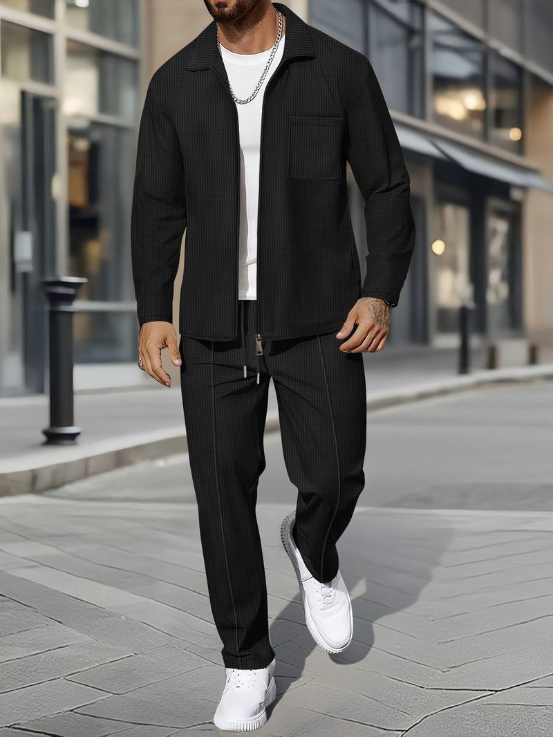 "Men's Waffle-Knit Zip-Up Jacket Set - Slim Fit Polyester Track Suit With Stand Collar & Side Pockets (White/Black/Grey/Burgundy/Khaki/Dark Green_voghion.com