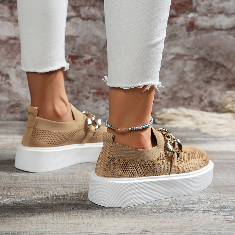 Women's Chain Decor Breathable Mesh Air Round Toe Flat Shoes, Girl's Slip On Loafers Women's Shoes_voghion.com