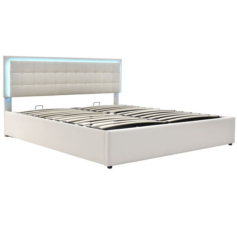Lit double 140 x 200 cm avec sommier à lattes et rangements, avec bande lumineuse LED, cadre de lit rembourré en similicuir blanc._voghion.com