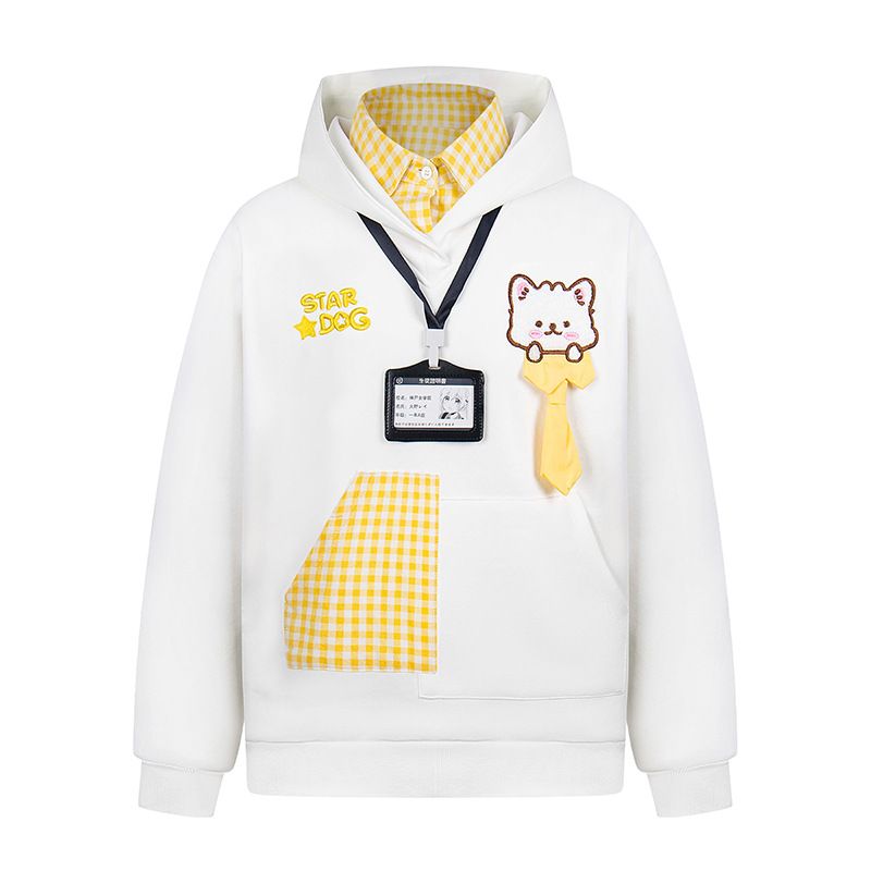 Felpa con cappuccio e colletto polo in due pezzi con ricamo di cuccioli in stile college 2025, manica lunga, tendenza da donna_voghion.com