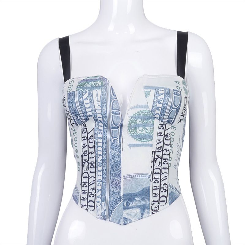 Instagram autumn new US dollar print camisole deep V backless tight wrap chest sleeveless top for women_voghion.com