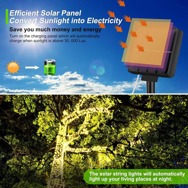 Solar-Lichterkette mit 8 Modi, wasserdicht IP65, Fernbedienung, für Garten, Terrasse, Außendekoration (7 m/50 LEDs, warmweiß und mehrfarbig)_voghion.com