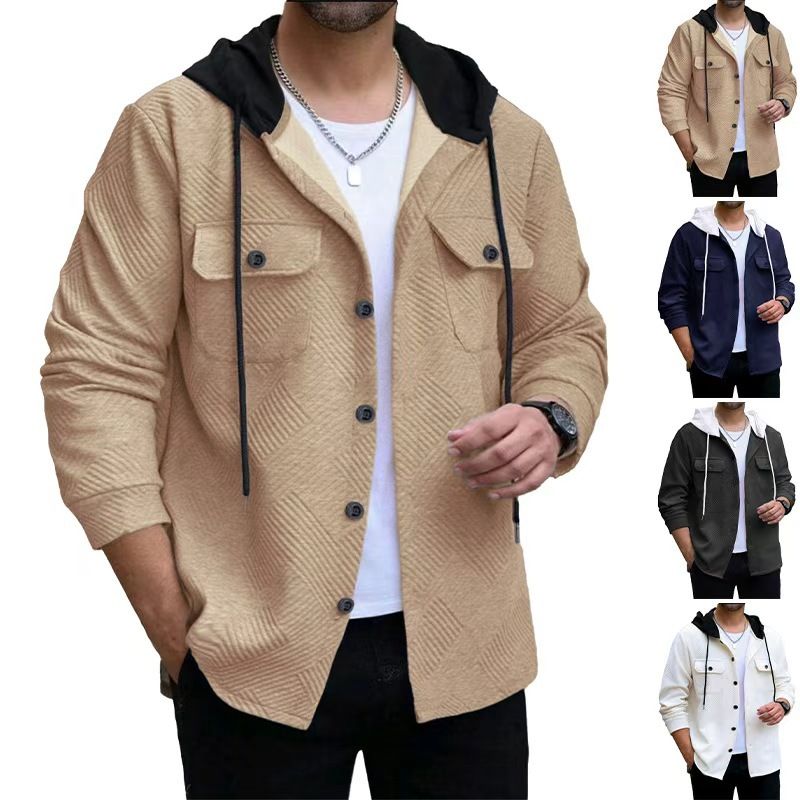 Autumn And Winter Men's Casual Sports Color Matching Hooded Sweatshirt Button Jacquard Pocket Jacket_voghion.com