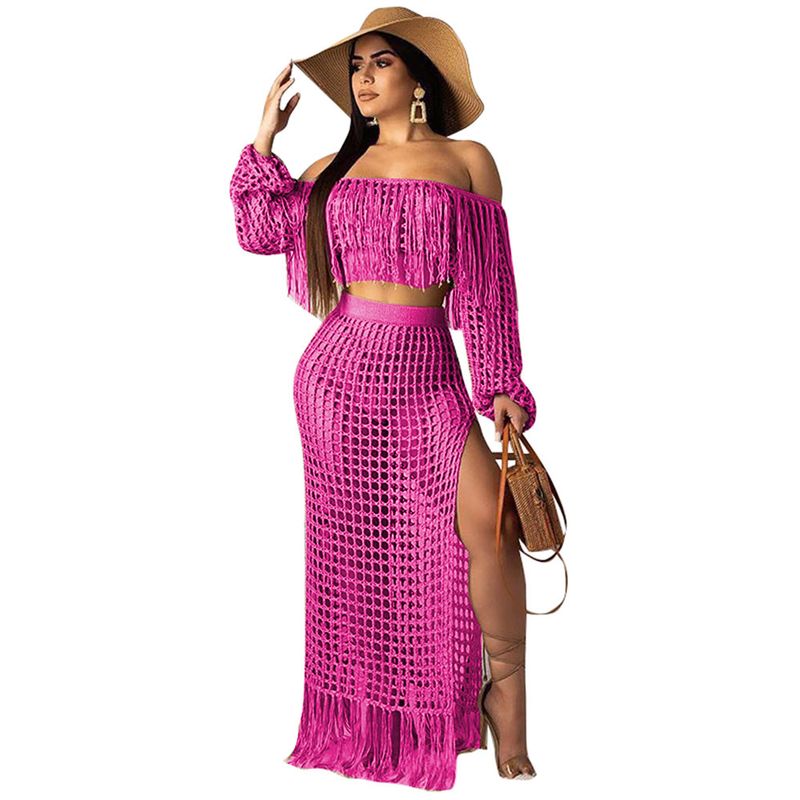 Conjunto de duas peças de saia de praia com borla de malha casual feminina_voghion.com