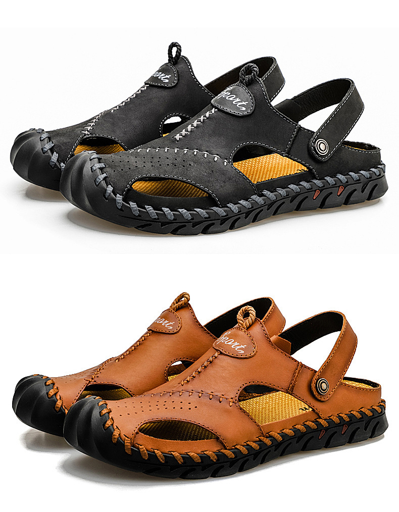 Store strandsko med dobbelt formål, pustende, uformelle hule skinnsandaler med to lag, kuskinn, herresko_voghion.com