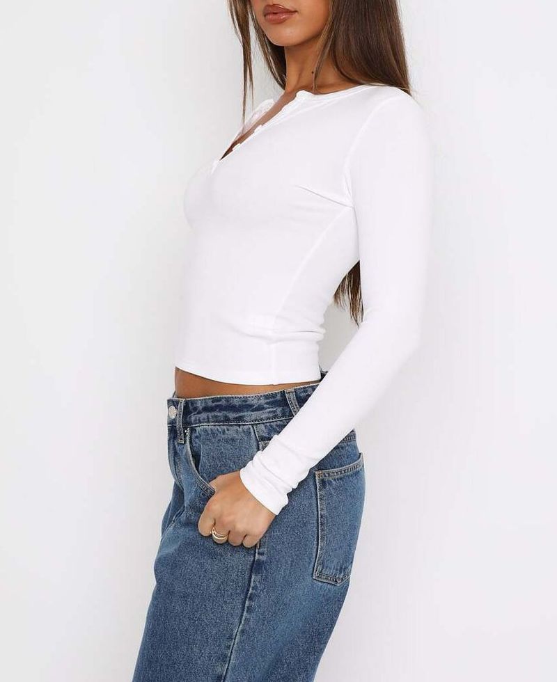 Women's Clothing Slim Fashion Threaded Rib Button Long Sleeved T Shirt Female_voghion.com