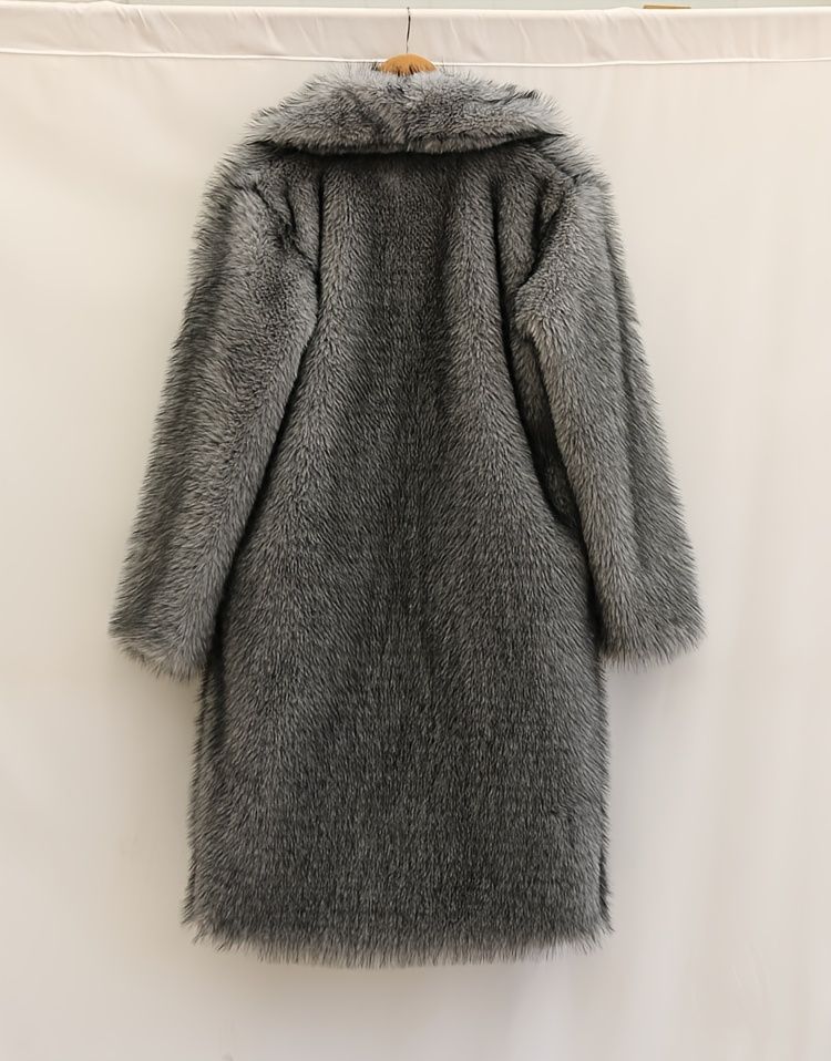 Elegante e caldo soprabito lungo da donna con colletto in peluche, silhouette a H, chiusura con un solo bottone, lavabile a mano. Taglie disponibili_voghion.com