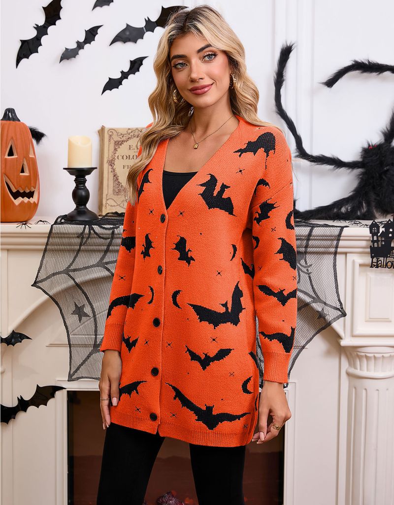 Casaco espanador jacquard Cyber Bat Cyber Bat Halloween 2025, cardigã grande de manga comprida com certificação OEKO-TEX® Classe II | Europeu_voghion.com