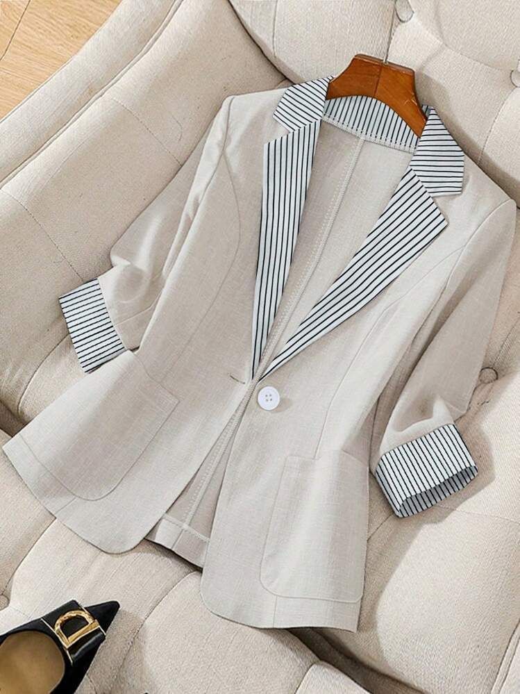 Blazer femme – Veste oversize slim à revers crantés et bordure contrastée pour l'automne_voghion.com