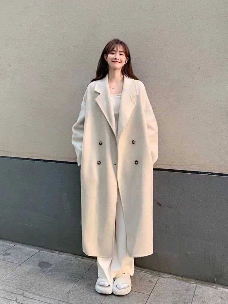 Damen Grobstrick Zweireihiger Wollmantel Winter Oversize Trenchcoat Mit Pelzkragen_voghion.com