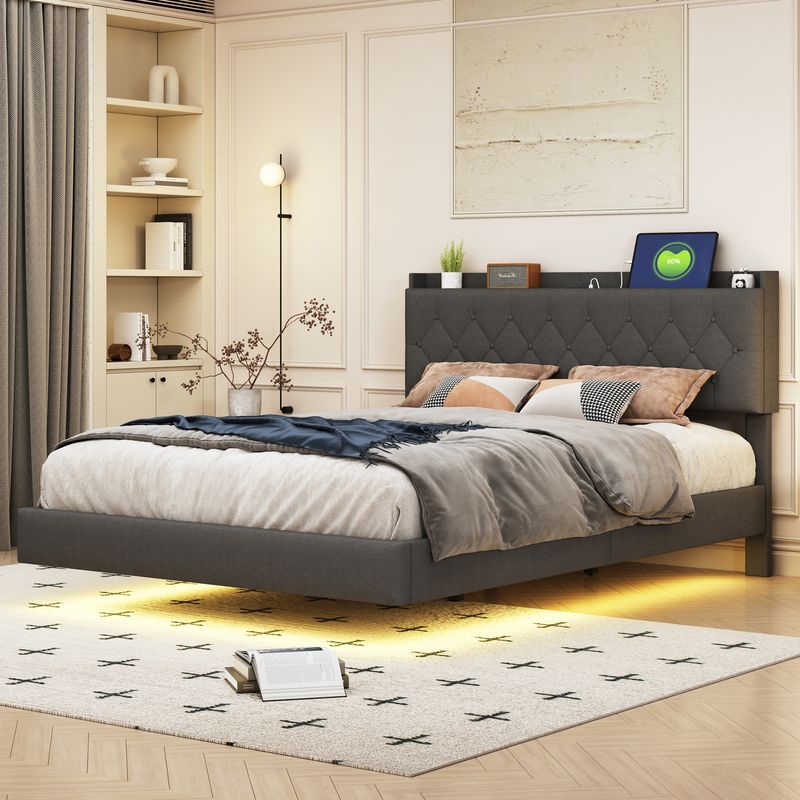 Polsterbett 140x200cm Con USB-Ladefunktion, LED, Leinenstoff Grau_voghion.com