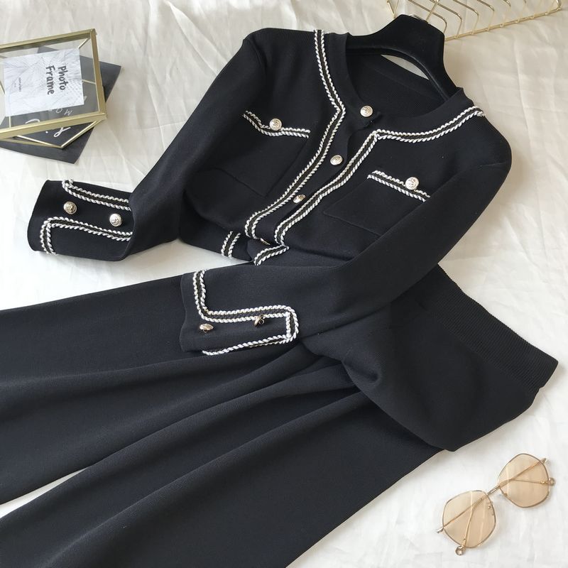 Kadın moda yuvarlak boyun örme hırka üst geniş bacak pantolon iki parçalı set_voghion.com