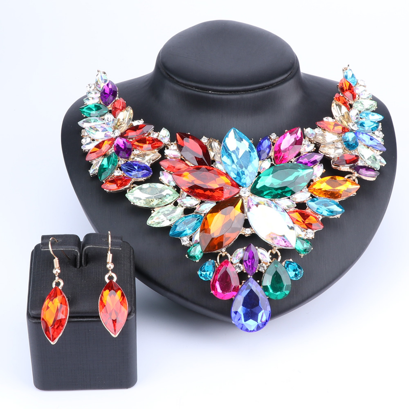Kristall-Choker-Statement-Halskette, Ohrring-Schmuckset, Strass-Hochzeitsgeschenk, Frauen, Bräute, Abschlussball, Party_voghion.com