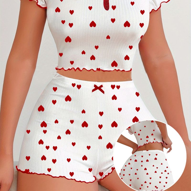 Women's Sleepwears Jacquard Pit Shorts Short Sleeved Love Women's Pajamas Set Can Be Worn As Home Clothes_voghion.com