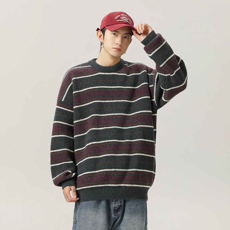 Retro Contrasting Striped Crew Neck Sweater Men's Autumn And Winter Thick Needle Loose Lazy Wind Soft Waxy Pullover Knitted Sweater Jacket_voghion.com