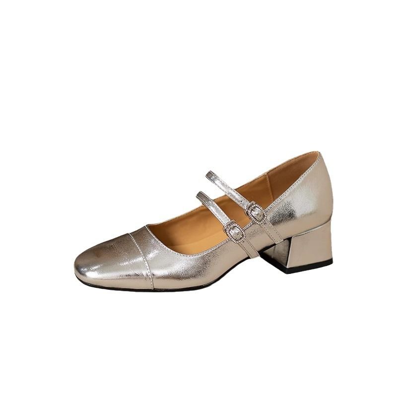 Internet Berühmte Französisch Silber Einzelnen Schuh frauen Dicke Heels 2025 Frühling Und Herbst Quadratische Zehe Flach Cut Eine Linie_voghion.com