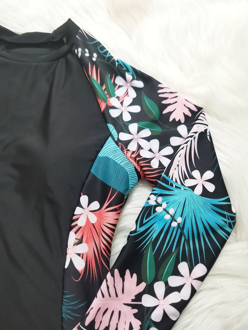 Costume da bagno bikini stampato a maniche lunghe con protezione solare, stile conservatore e aderente_voghion.com