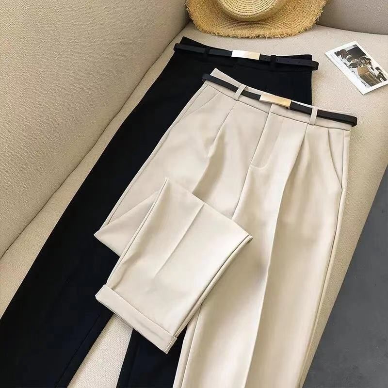 Venta caliente elegante verano casual pantalones mujeres moda color sólido fajas delgados pantalones rectos elegante negocios mujer retro cinturón_voghion.com