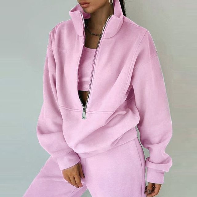Treten Sie ein in Mode, Freizeit, Sport, Zuhause, lockerer, bequemer Reißverschluss, Fleece, gestrickter Hoodie und Hose, zweiteiliger Damenpullover_voghion.com