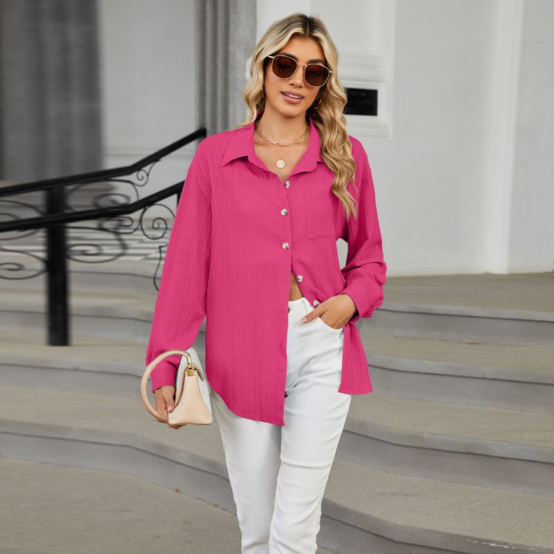 Camicia da donna casual, ampia, a maniche lunghe, con risvolto e bottoni, tinta unita_voghion.com