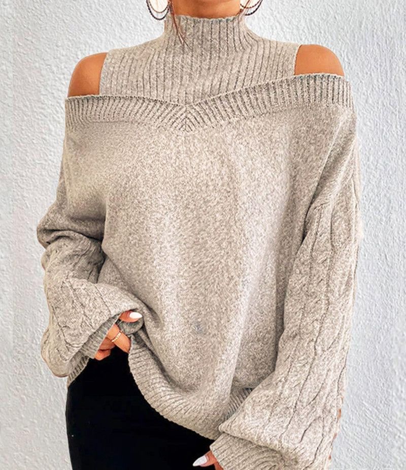 Damenbekleidung schulterfreier Pullover Damenpullover Herbst und Winter neuer lockerer halbhoher Kragen Laternenärmel Strickpullover_voghion.com