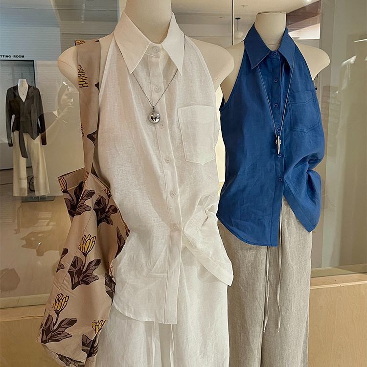 Camicia senza maniche blu per donna, stile estivo, stile old money, moda francese, gilet con spalle scoperte, casual elegante di alta qualità_voghion.com