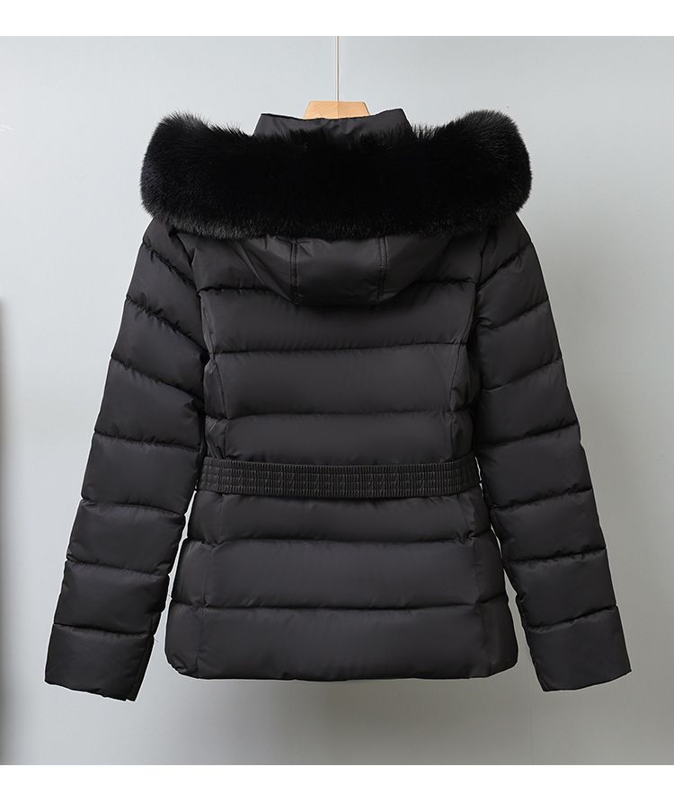 Fleecegevoerde ski-jas voor dames met riem - warme winterjas, capuchonjas met rits, dikke, geïsoleerde bovenkleding voor wintersporten_voghion.com