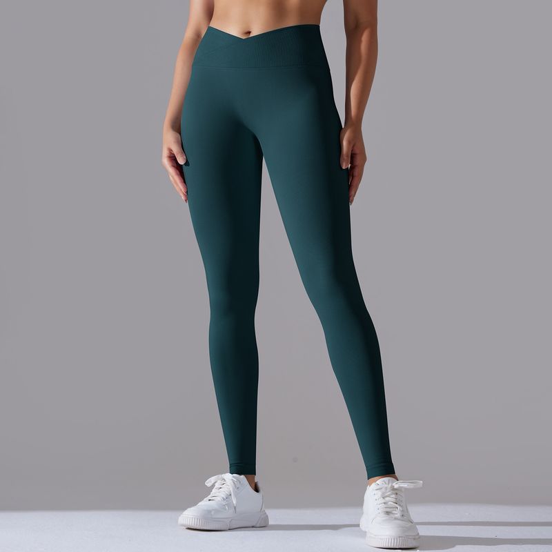 Pantaloni da yoga a nove punti da fitness da donna, lavorati a maglia, traspiranti, in tinta unita, a vita incrociata, color pesca, senza cuciture_voghion.com