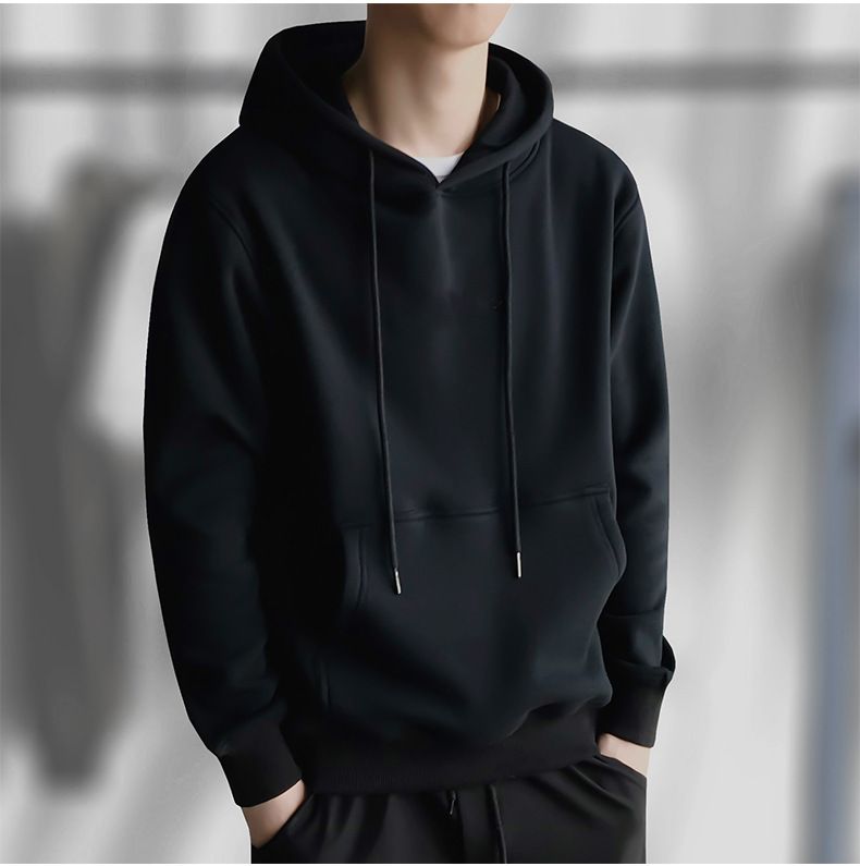 Felpa con cappuccio tinta unita per uomo, pullover caldo autunnale spesso, top con scollo rotondo, calore invernale foderato in pile in stile coreano_voghion.com