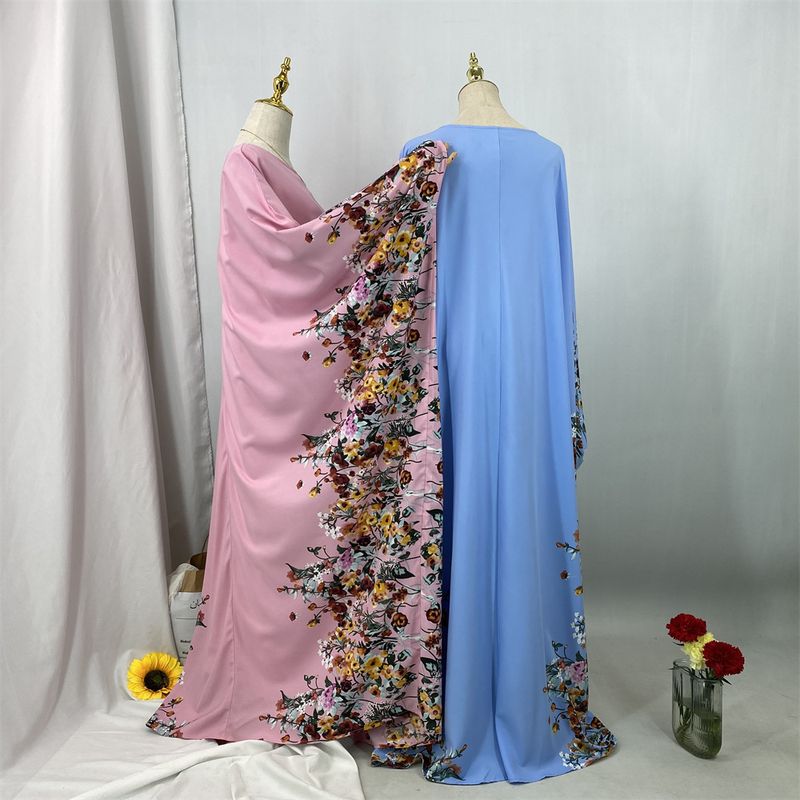Hot Seller Vleermuismouwen Vlinder Abaya Femme Bloemenprint Kebaya Middenzoom Split Kaftan Jurken Voor Eid Marokkaanse Kaftan Maxi_voghion.com