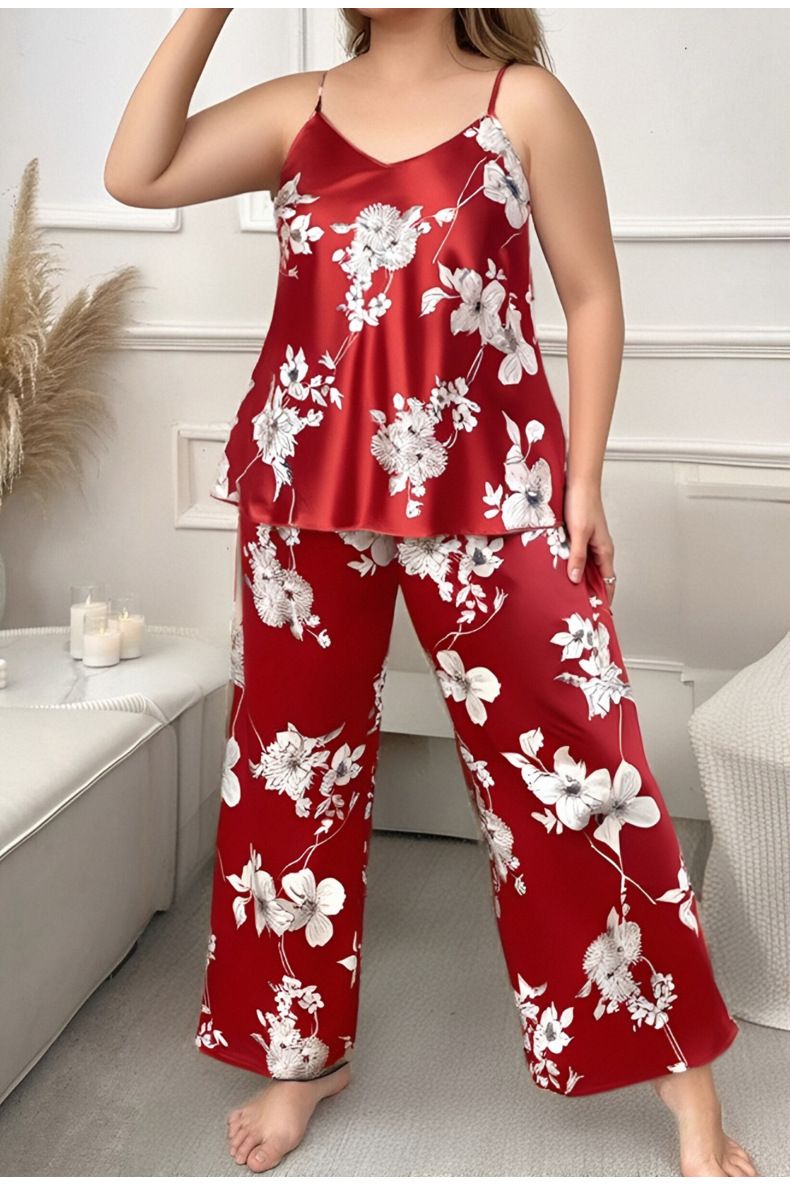 Naisten yöpuvut kevät ja syksy pyjamat yksiväriset painetut henkselit housut kaksiosainen puku_voghion.com