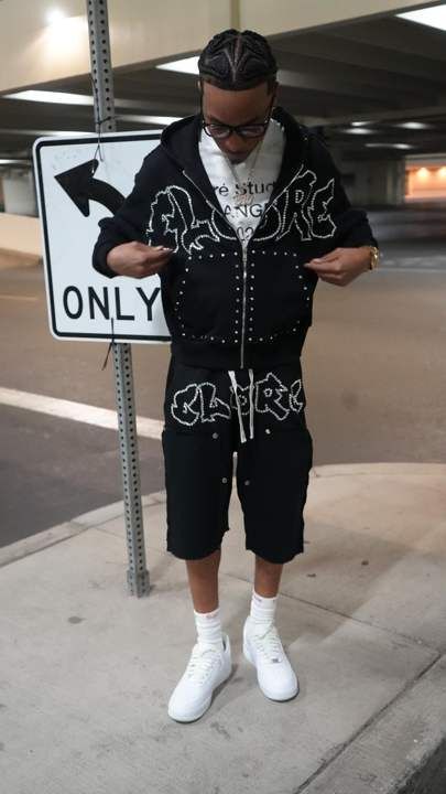 Sudadera con capucha y estampado de diamantes para hombre y mujer, estilo hip hop, estilo urbano, con pantalones cortos_voghion.com