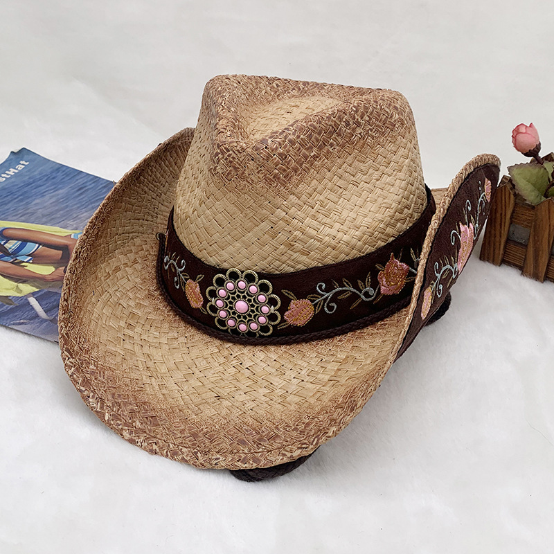 Handgewebter Cowboyhut aus Raffiagras mit Sonnenschutz und gerolltem Rand, bestickter Strohhut_voghion.com