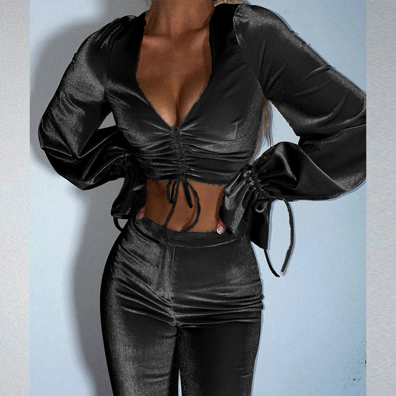 Women's Clothing autumn and winter sexy navel-baring long-sleeved top solid color micro-flared pants two-piece set_voghion.com