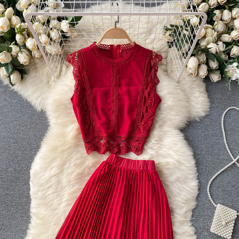 Haut en dentelle pour femmes, taille 1, jupe plissée en mousseline de soie, costume deux pièces_voghion.com