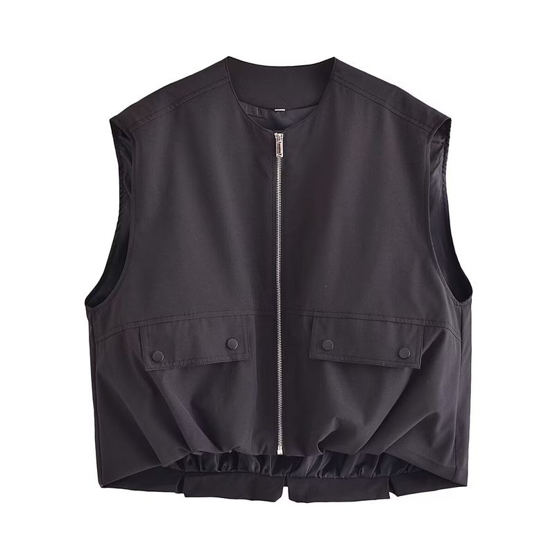 Gilet streetwear tendance à ourlet volanté - Polyester tissé léger, col rond, fermeture éclair sur le devant - Jaune, noir, gris clair, vert kaki (S/M/L/XL)_voghion.com