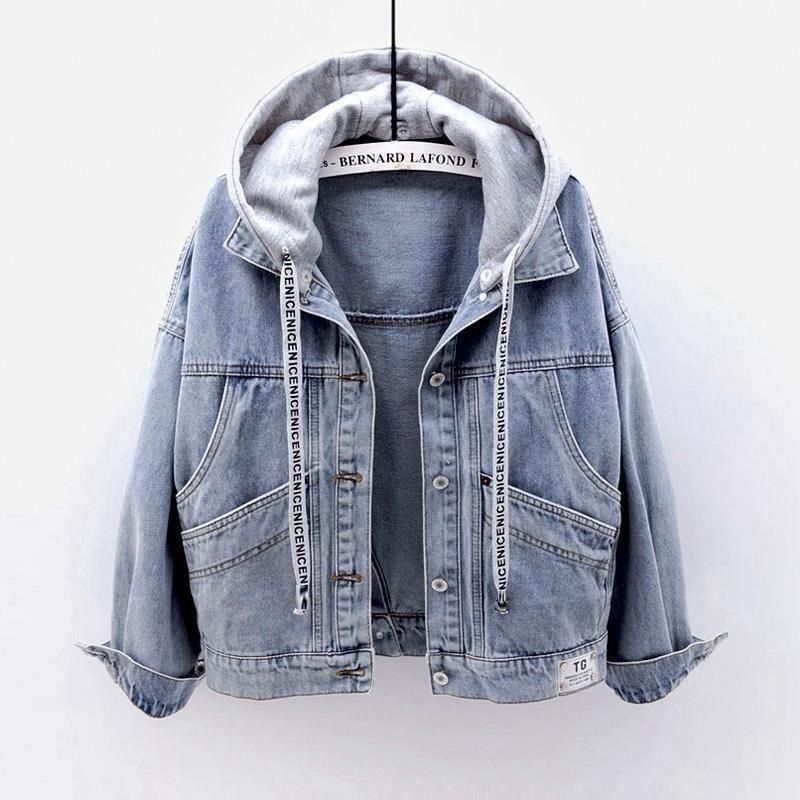 Jeansjacke für Studentinnen im koreanischen Stil, lockerer Kurzmantel, langärmelige Kapuzenjacke, mehrere Taschen, All-Match-Oberteile, Herbst und Winter_voghion.com