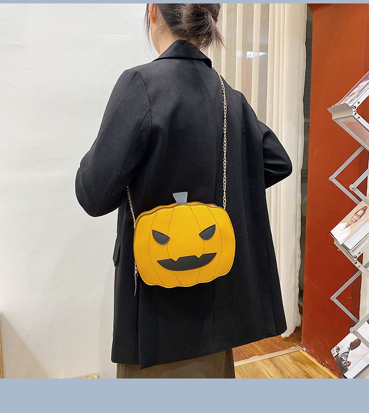 Borsa a tracolla con zucca glitterata a tema Halloween per donna - Borsa a tracolla in PU riflettente retrò con tasche con cerniera, accessorio alla moda e divertente_voghion.com